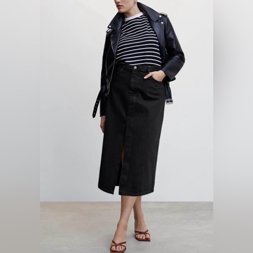 Mango Black Denim Skirt with Front Slit